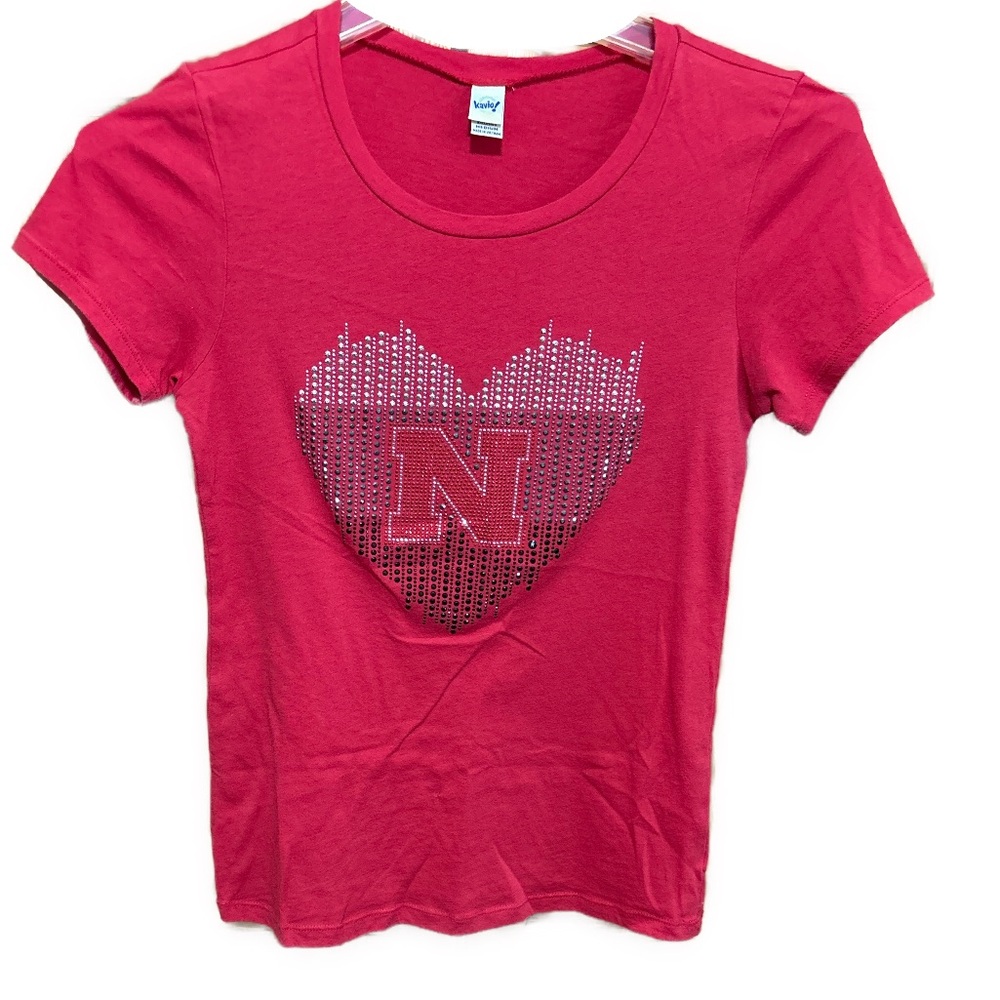 Women’s Nebraska Cornhuskers Heart & “N” Metal Studded Graphic T-Shirt